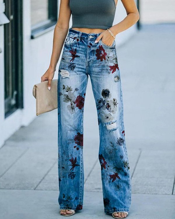 Jeans Femme Décontracté Printemps / Automne impression en 3D Polyester Micro-élasticité Quotidien Coupe Régulière Taille Moyenne Régulier