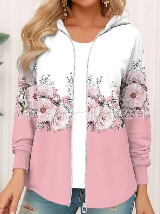 Sweat-shirt à Capuche Manches Longues Épaissi Floral Blouson pour Femmes