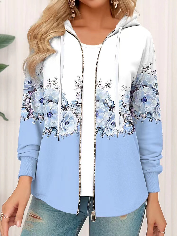 Sweat-shirt à Capuche Manches Longues Épaissi Floral Blouson pour Femmes