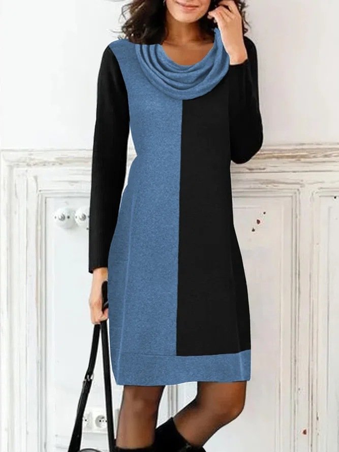 Femmes Bloc de Couleur Gris Col Roulé Confortable Mini Robe Décontracté