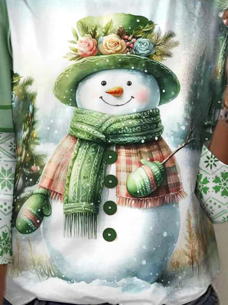 T-shirts Femmes Décontracté Printemps / Automne Bonhomme de Neige de Noël Imprimé Micro-élasticité Vacances Jersey Col Rond Droit