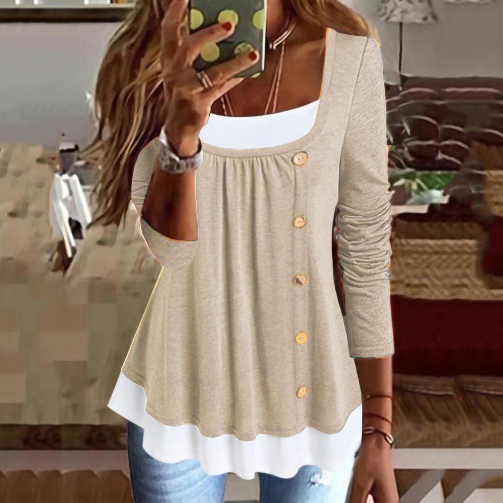 Chemisiers1 Décontracté Bloc de Couleur Printemps / Automne Ample Dentelle Manches Longues Régulier Droit Régulier pour Femmes