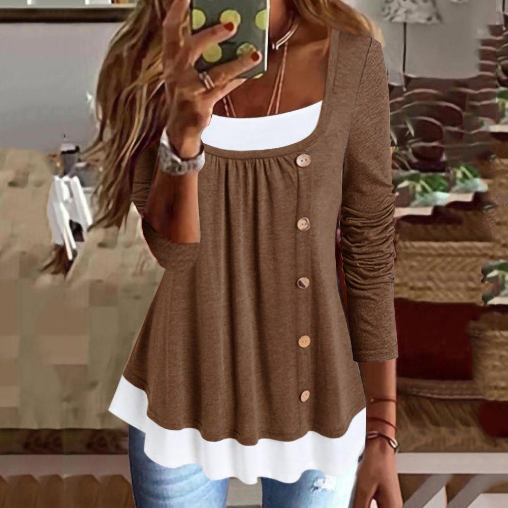 Chemisiers1 Décontracté Bloc de Couleur Printemps / Automne Ample Dentelle Manches Longues Régulier Droit Régulier pour Femmes