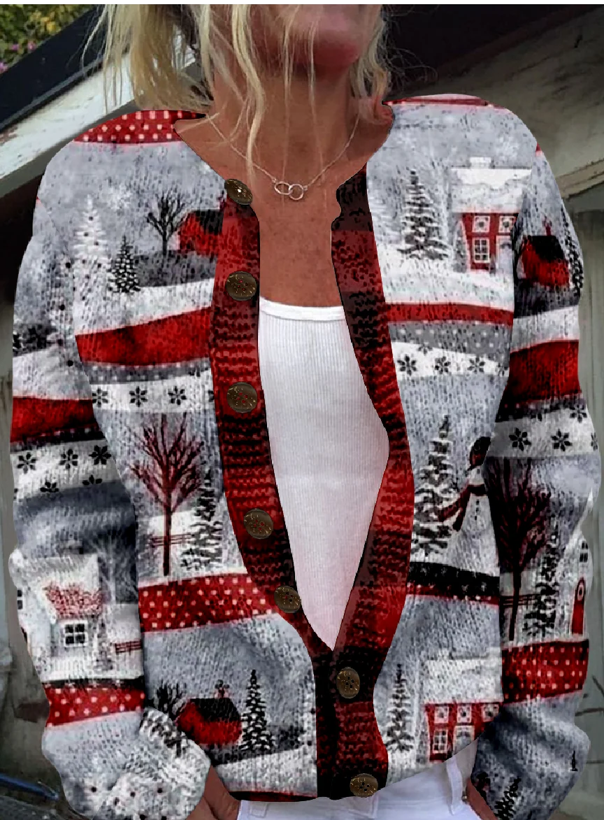 Cardigans Rétro Printemps / Automne impression en 3D Tricoté Micro-élasticité Quotidien Manches Longues Régulier Régulier pour Femmes
