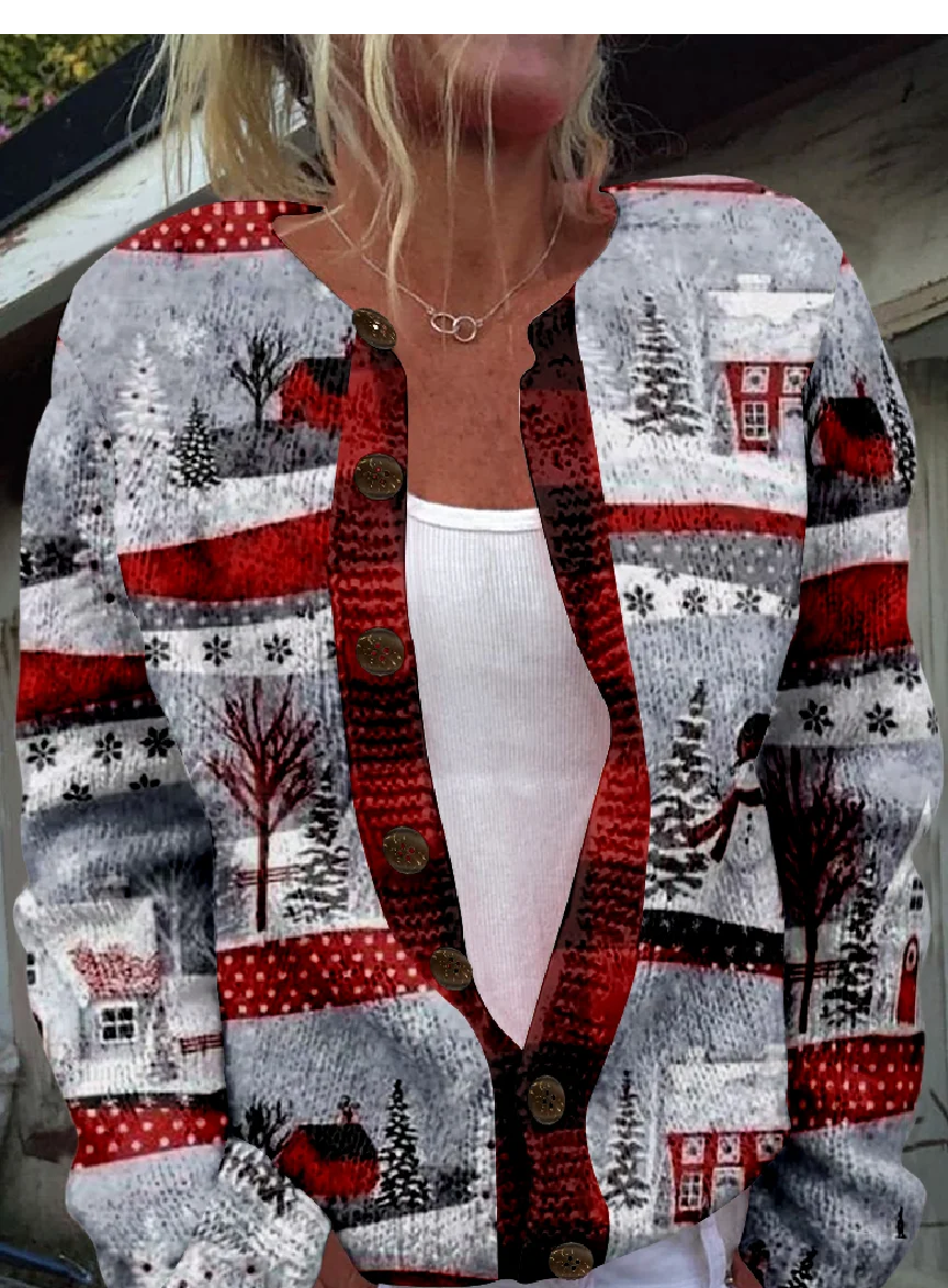 Cardigans Rétro Printemps / Automne impression en 3D Tricoté Micro-élasticité Quotidien Manches Longues Régulier Régulier pour Femmes