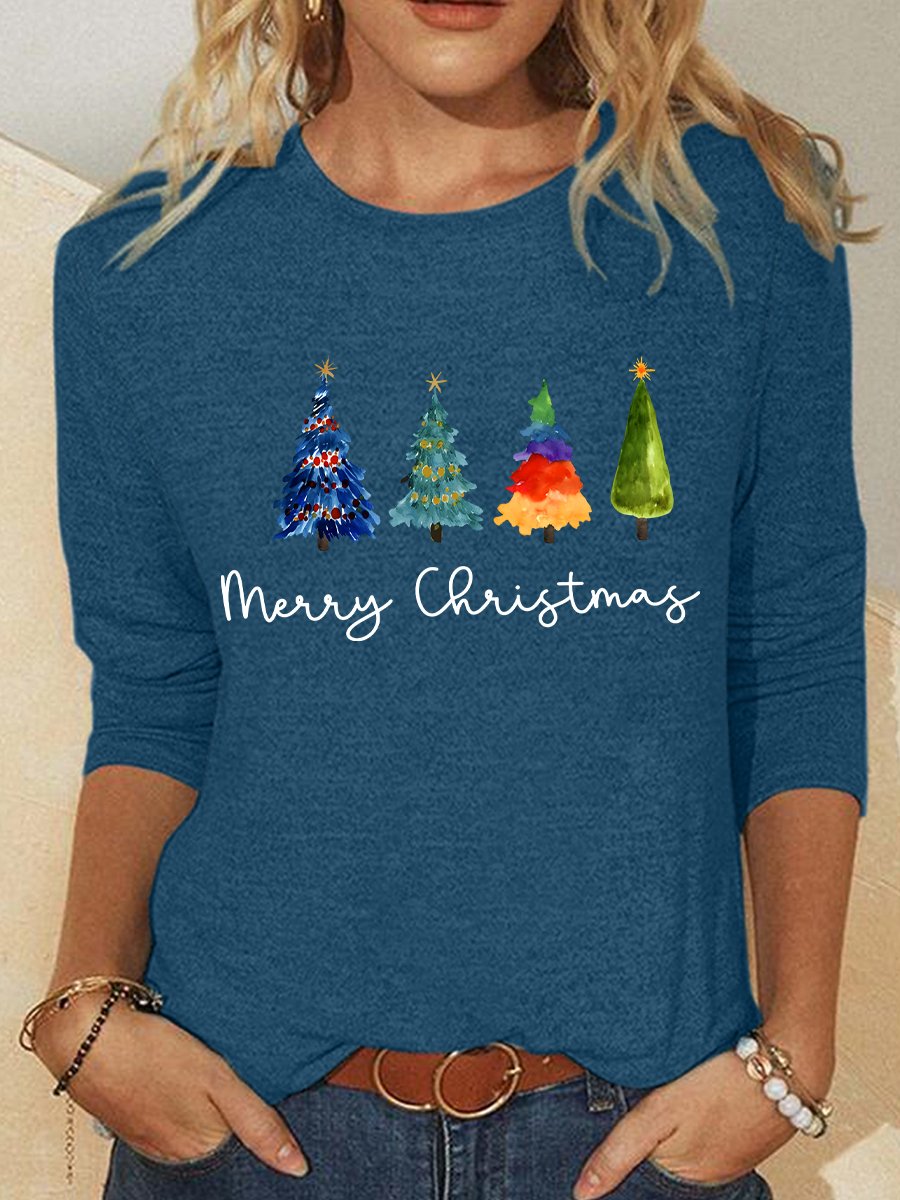 Chemisiers1 Décontracté Printemps / Automne Sapin de Noël Meilleure vente Manches Longues Col Rond en Mélangé de Coton Régulier Élasticité moyenne pour Femmes