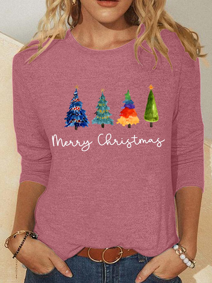 Chemisiers1 Décontracté Printemps / Automne Sapin de Noël Meilleure vente Manches Longues Col Rond en Mélangé de Coton Régulier Élasticité moyenne pour Femmes