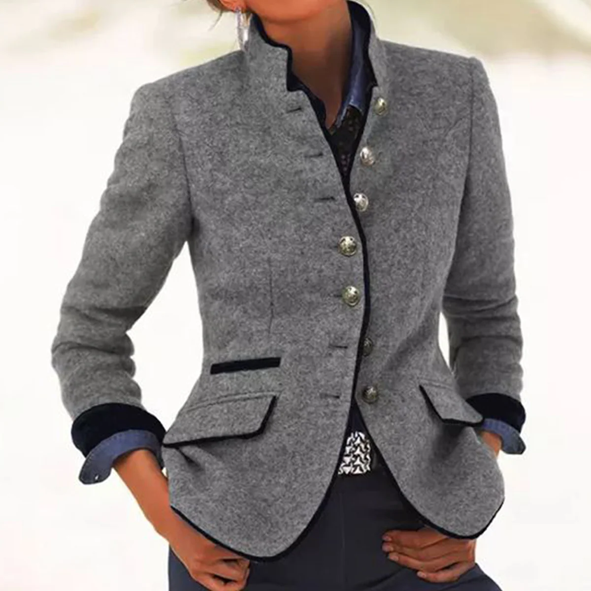 Faux Col Manches Longues Régulier Plain Blouson pour Femmes