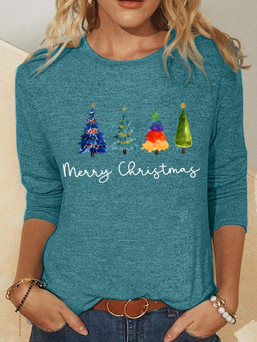 Chemisiers1 Décontracté Printemps / Automne Sapin de Noël Meilleure vente Manches Longues Col Rond en Mélangé de Coton Régulier Élasticité moyenne pour Femmes