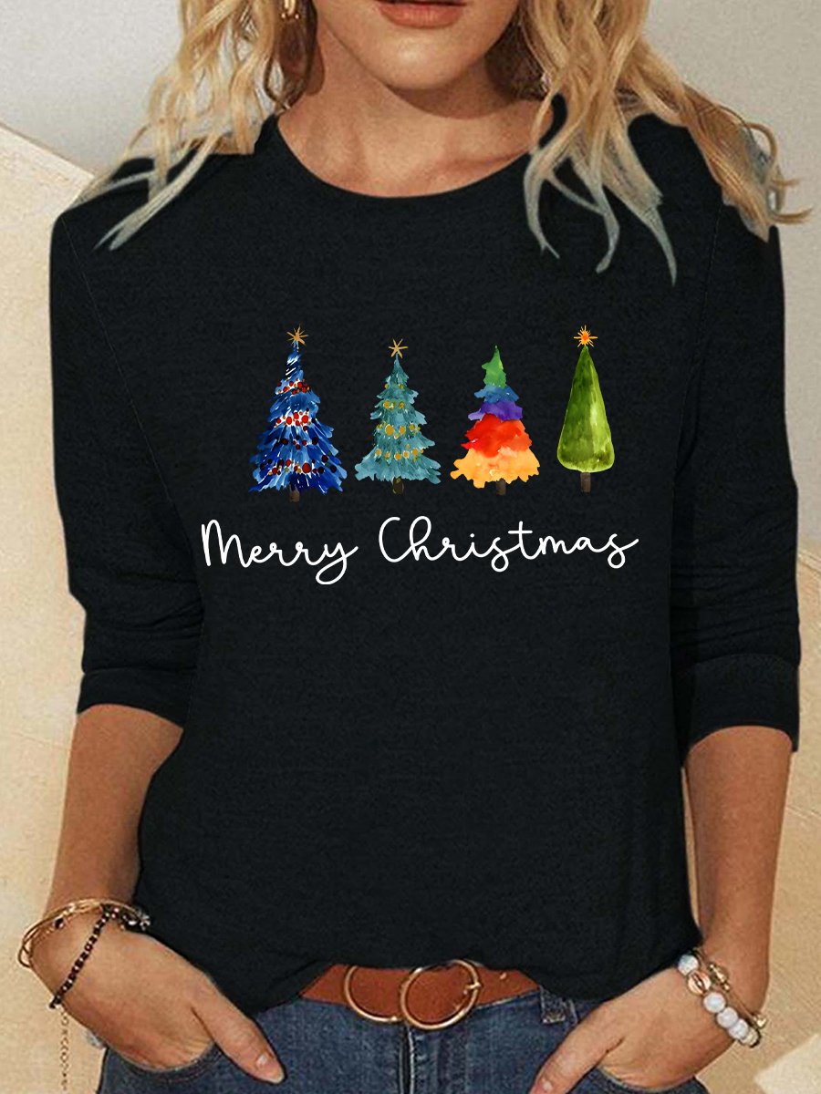 Chemisiers1 Décontracté Printemps / Automne Sapin de Noël Meilleure vente Manches Longues Col Rond en Mélangé de Coton Régulier Élasticité moyenne pour Femmes