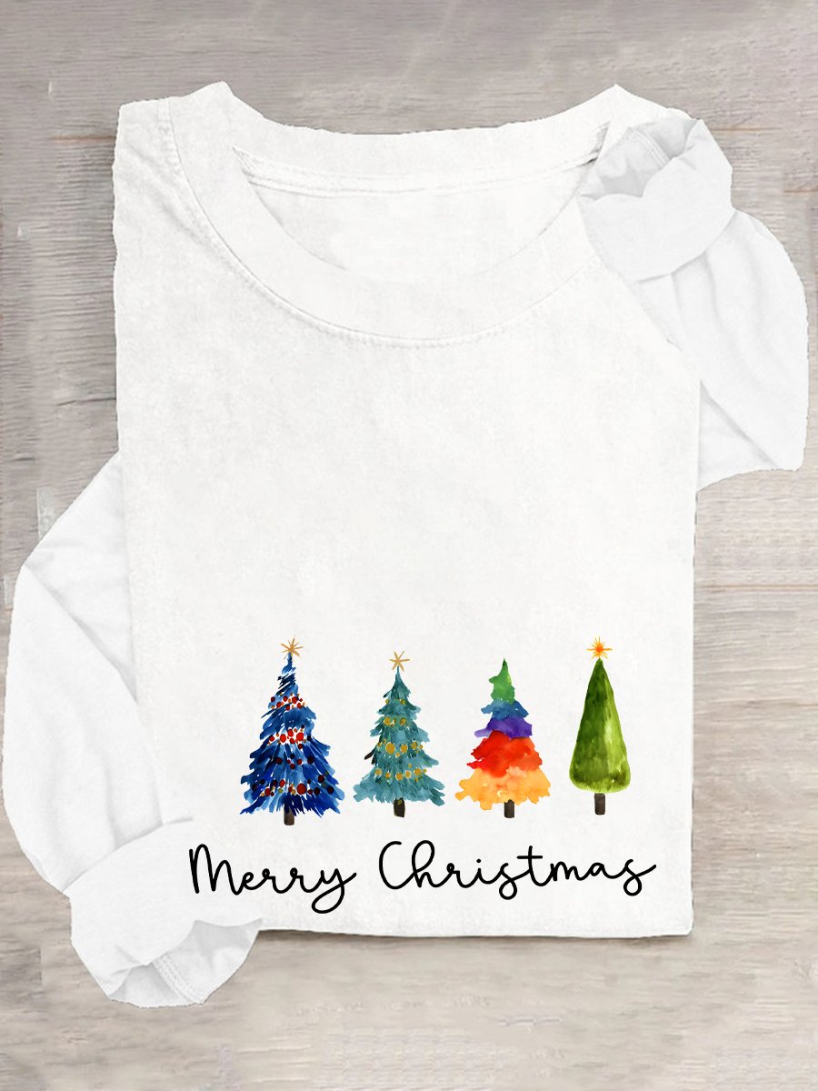 Chemisiers1 Décontracté Printemps / Automne Sapin de Noël Meilleure vente Manches Longues Col Rond en Mélangé de Coton Régulier Élasticité moyenne pour Femmes