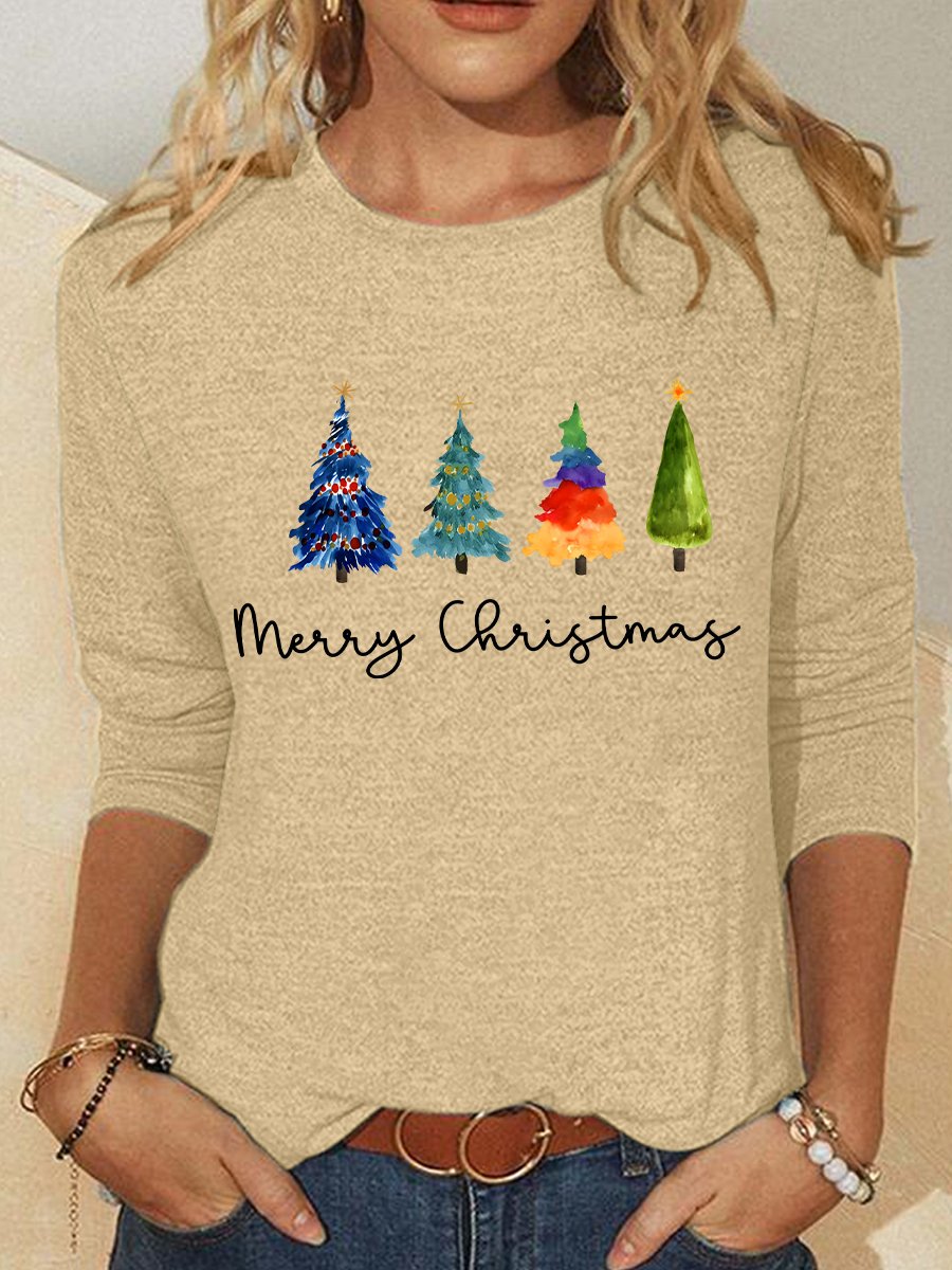 Chemisiers1 Décontracté Printemps / Automne Sapin de Noël Meilleure vente Manches Longues Col Rond en Mélangé de Coton Régulier Élasticité moyenne pour Femmes