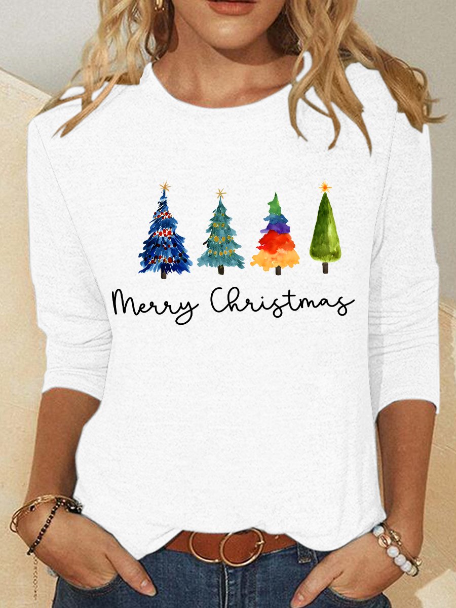 Chemisiers1 Décontracté Printemps / Automne Sapin de Noël Meilleure vente Manches Longues Col Rond en Mélangé de Coton Régulier Élasticité moyenne pour Femmes