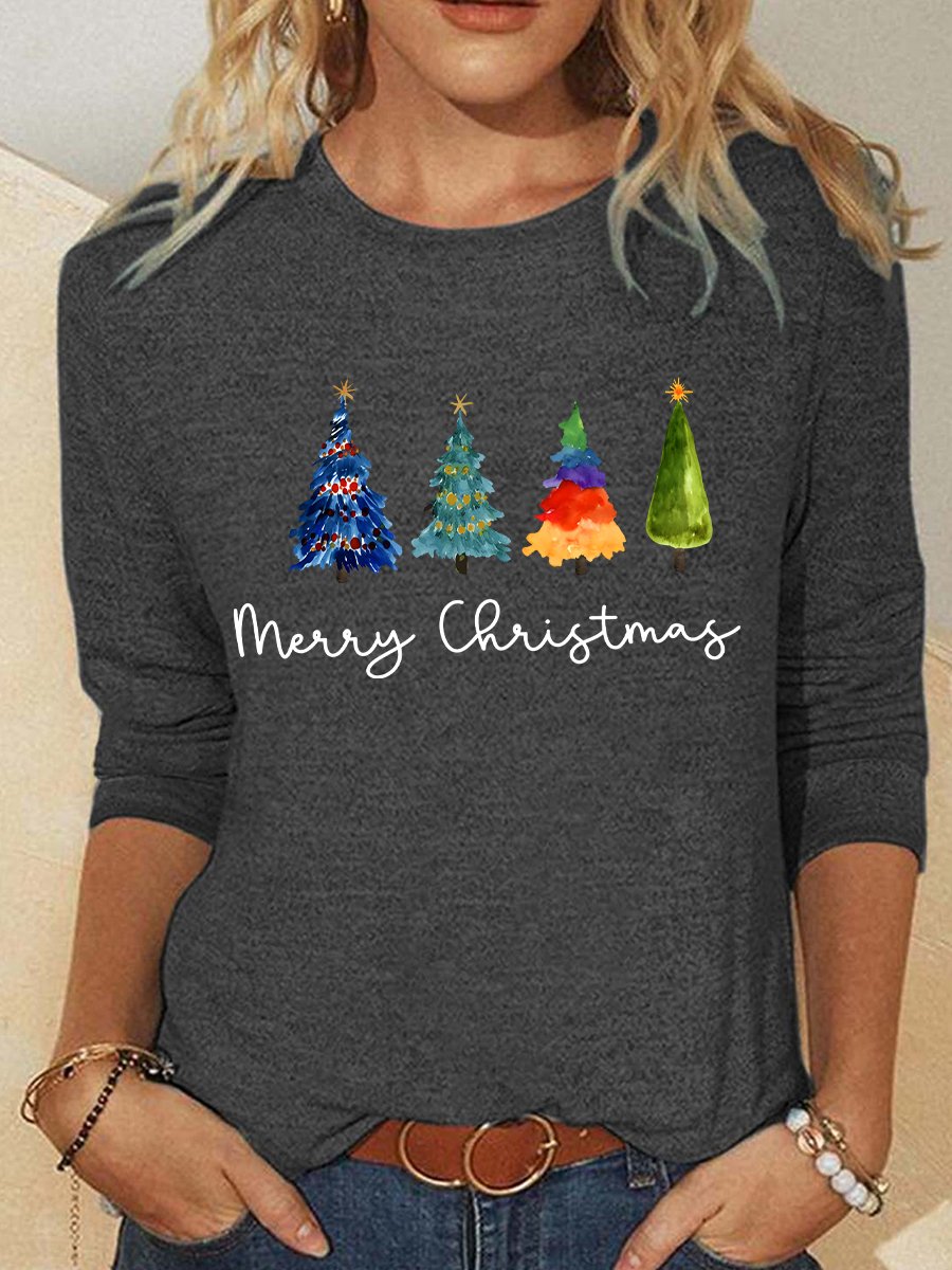 Chemisiers1 Décontracté Printemps / Automne Sapin de Noël Meilleure vente Manches Longues Col Rond en Mélangé de Coton Régulier Élasticité moyenne pour Femmes