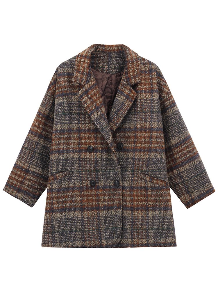 Col Châle Manches Longues Régulier Plaid Veste de tweed Manteau pour Femmes