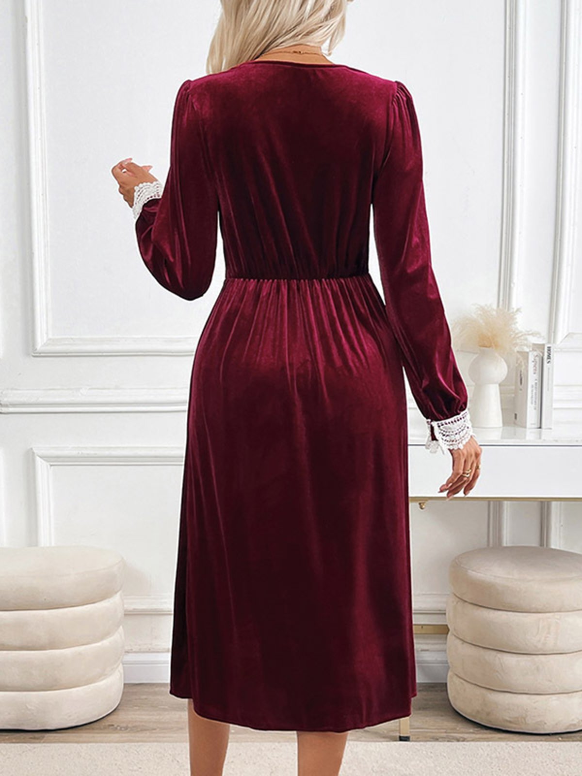 Femmes Plain Rouge Vineux Col V Confortable Dentelle Robe Maxi Décontracté