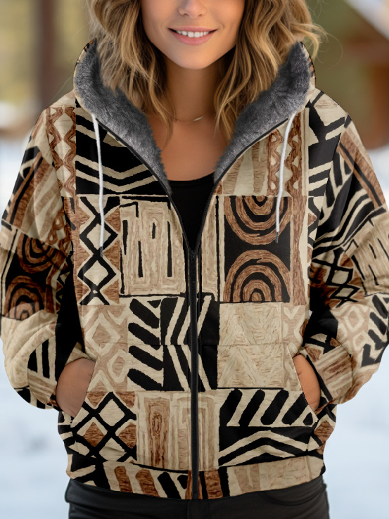 Sweat-shirt à Capuche Manches Longues Épaissi Géométrique Blouson pour Femmes