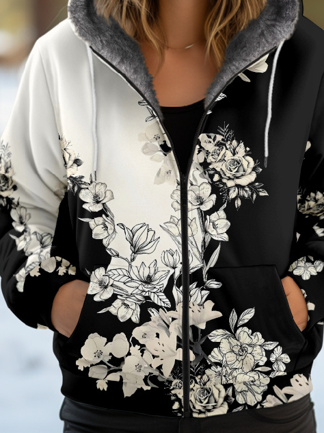 Sweat-shirt à Capuche Manches Longues Épaissi Floral Blouson pour Femmes