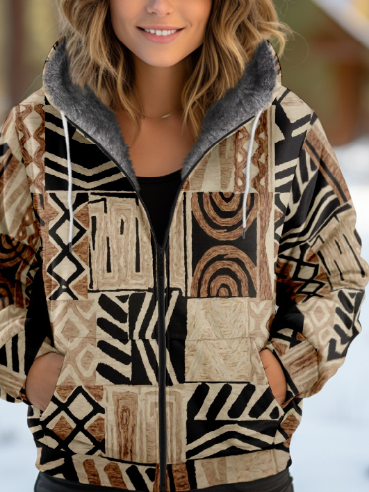 Sweat-shirt à Capuche Manches Longues Épaissi Géométrique Blouson pour Femmes