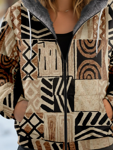 Sweat-shirt à Capuche Manches Longues Épaissi Géométrique Blouson pour Femmes