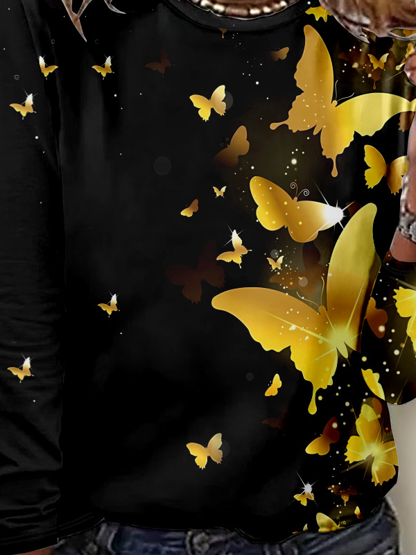 T-shirts Décontracté Printemps / Automne Papillon Micro-élasticité Jersey Manches Longues Col Rond Régulier Droit pour Femmes