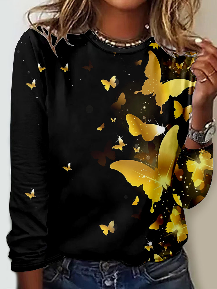 T-shirts Décontracté Printemps / Automne Papillon Micro-élasticité Jersey Manches Longues Col Rond Régulier Droit pour Femmes