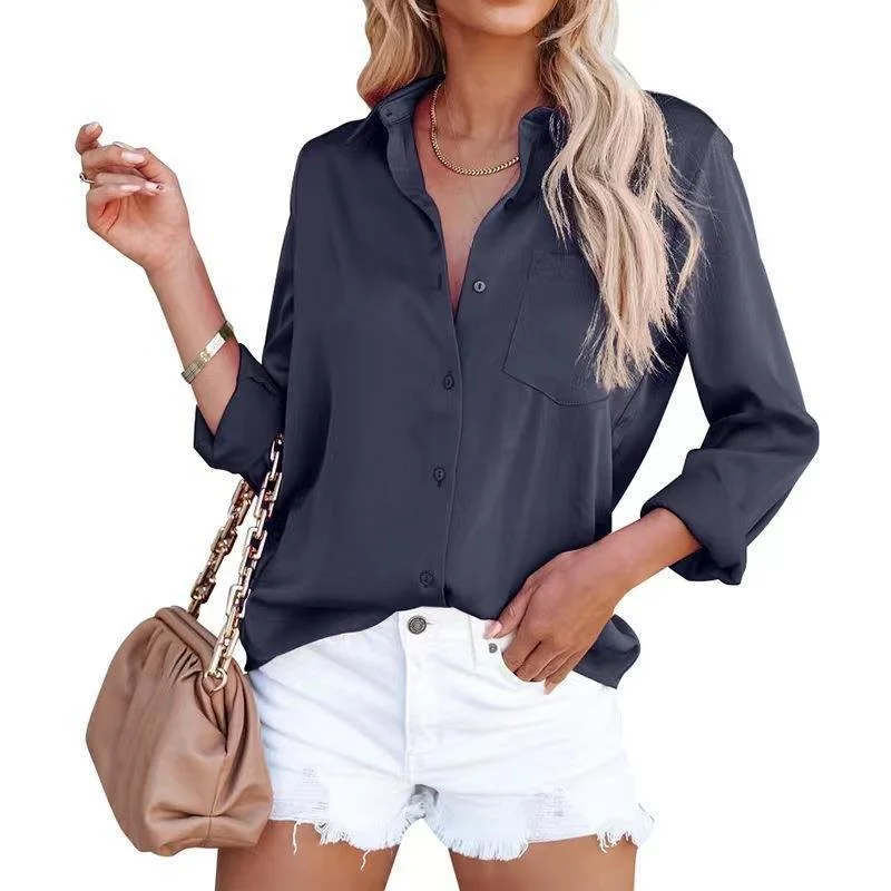 Chemises Décontracté Plain Printemps / Automne Micro-élasticité Ample Régulier Boucle Régulier Col de Chemise pour Femmes