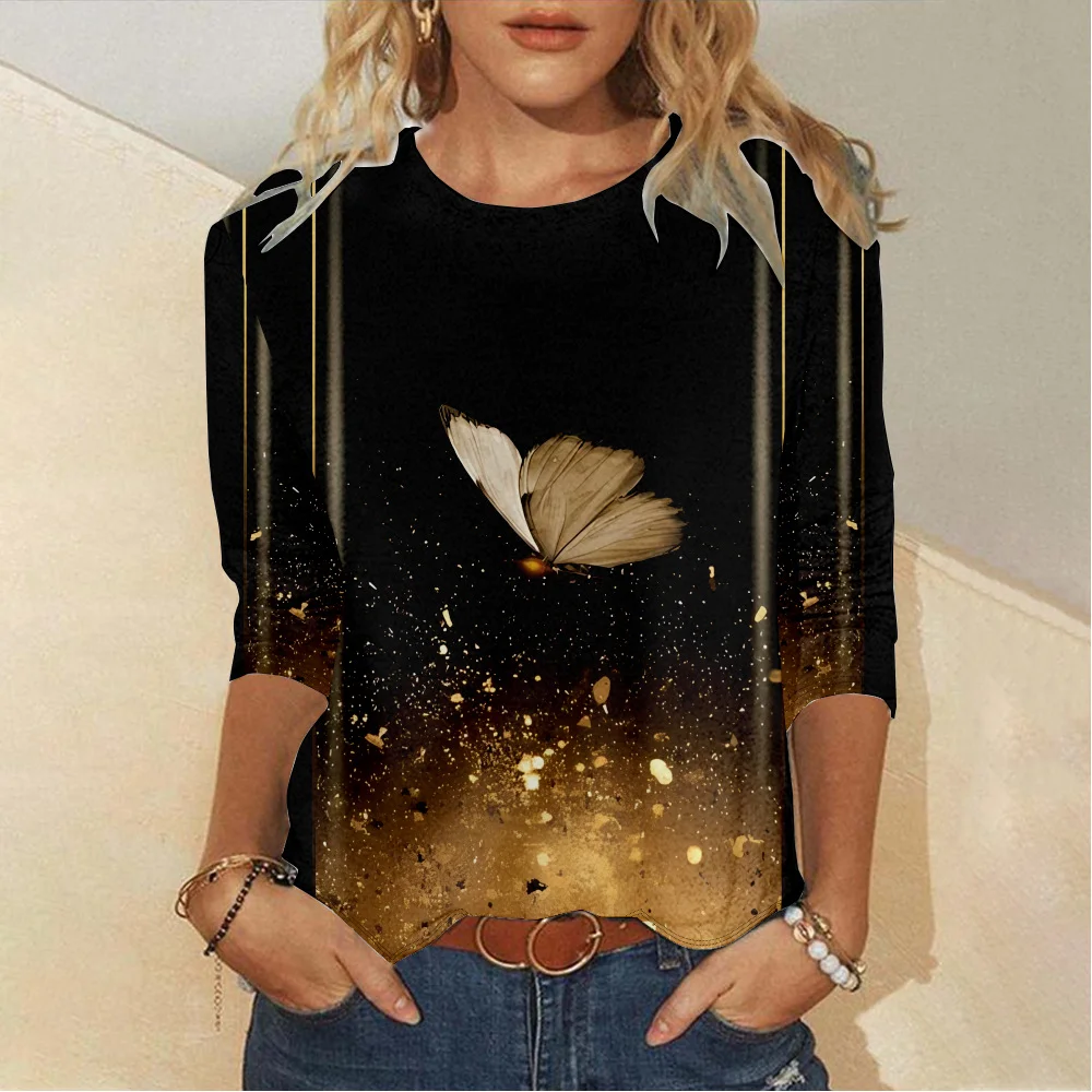 T-shirts Décontracté Printemps / Automne Papillon Micro-élasticité Quotidien Col Rond Régulier Droit Régulier pour Femmes