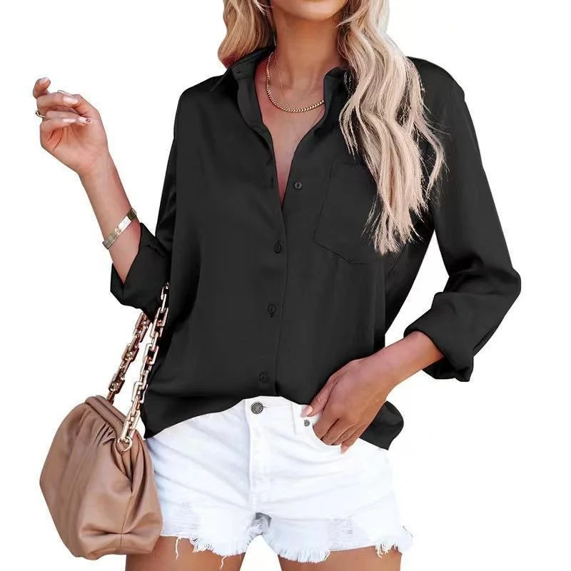 Chemises Décontracté Plain Printemps / Automne Micro-élasticité Ample Régulier Boucle Régulier Col de Chemise pour Femmes