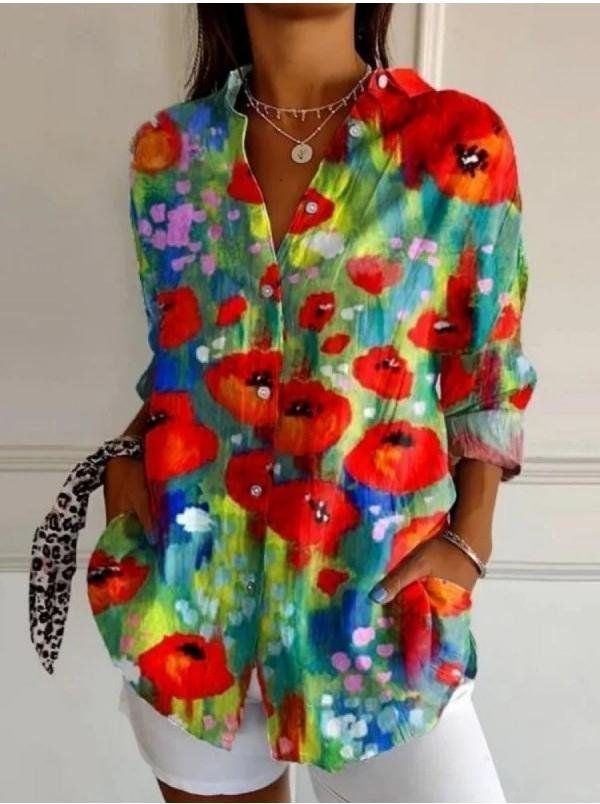 Chemises Femmes Rétro Floral Printemps / Automne Boutonné Aucune élasticité Quotidien Manches Longues Droit Col de Chemise