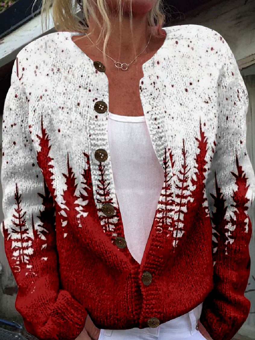 Cardigans Femmes Rétro Printemps / Automne Sapin de Noël Tricoté Micro-élasticité Ample Manches Longues Régulier Droit