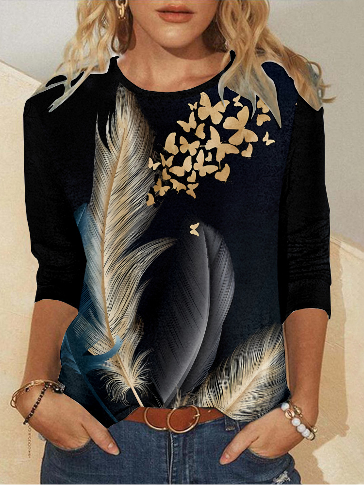 T-shirts Femmes Décontracté Printemps / Automne Papillon Micro-élasticité Quotidien Jersey Manches Longues Régulier Droit