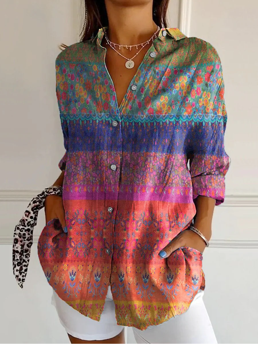 Chemises Femmes Rétro Floral Printemps / Automne Boutonné Aucune élasticité Quotidien Manches Longues Droit Col de Chemise