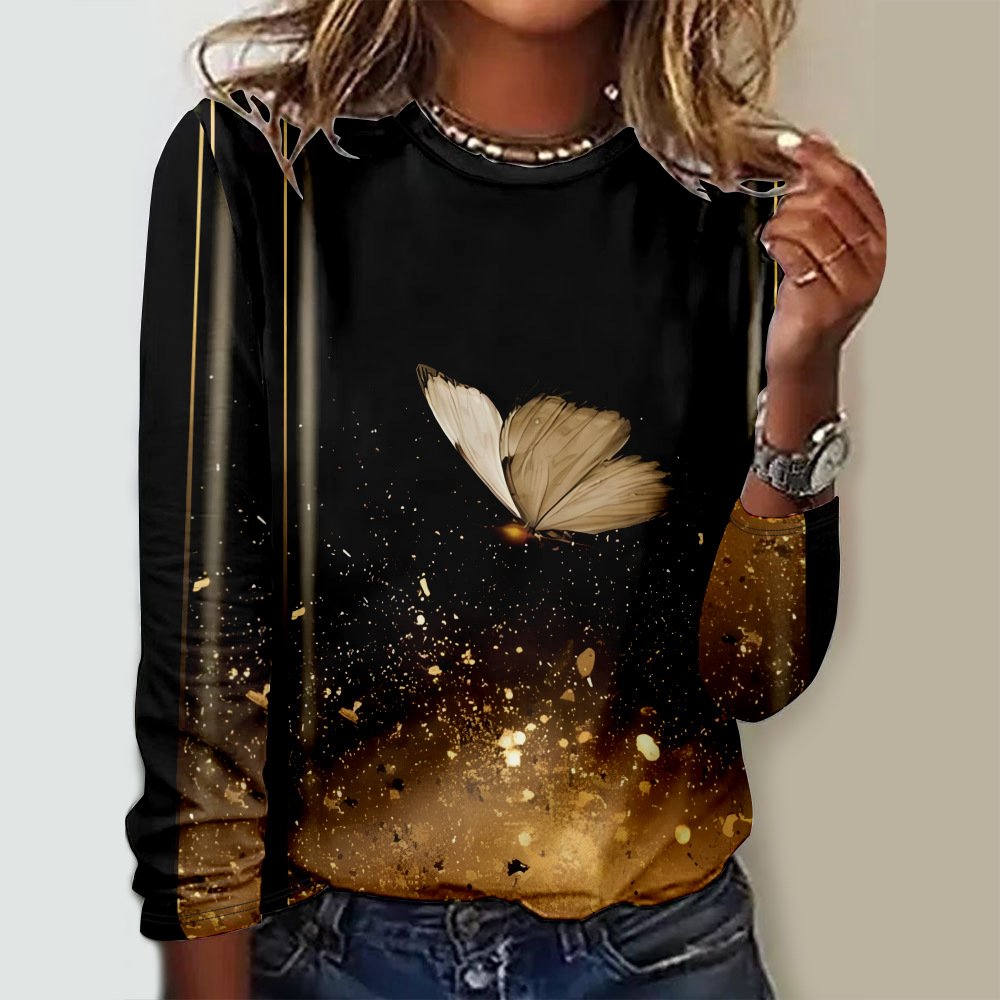 T-shirts Décontracté Printemps / Automne Papillon Micro-élasticité Quotidien Col Rond Régulier Droit Régulier pour Femmes