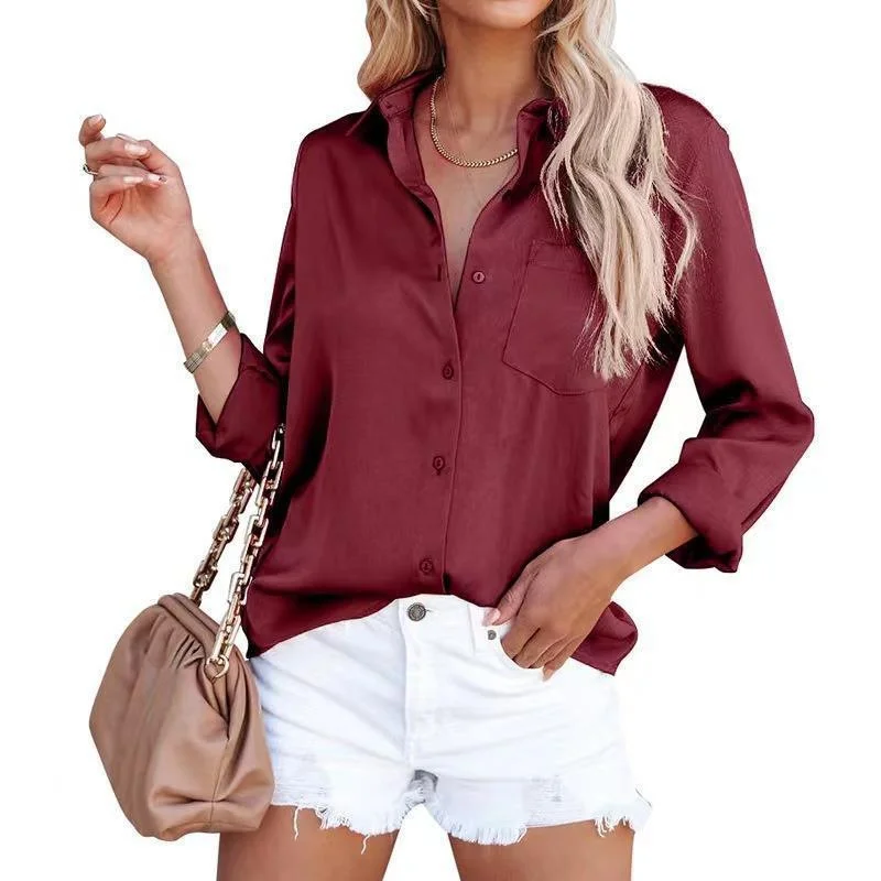 Chemises Décontracté Plain Printemps / Automne Micro-élasticité Ample Régulier Boucle Régulier Col de Chemise pour Femmes