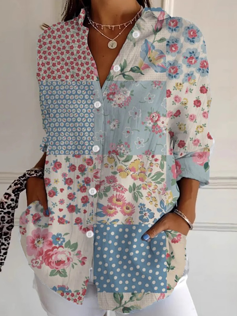 Chemises Femmes Décontracté Floral Printemps / Automne Polyester Ample Manches Longues Droit Régulier Col de Chemise