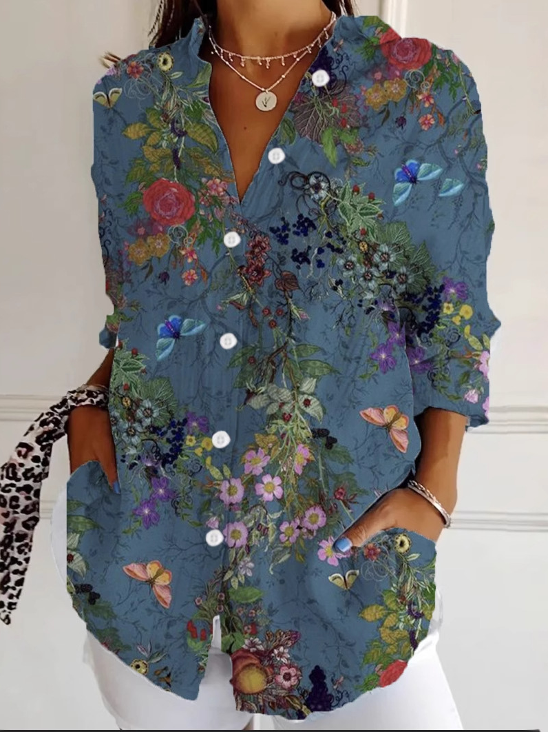 Chemises Femmes Décontracté Floral Printemps / Automne Polyester Ample Manches Longues Droit Régulier Col de Chemise
