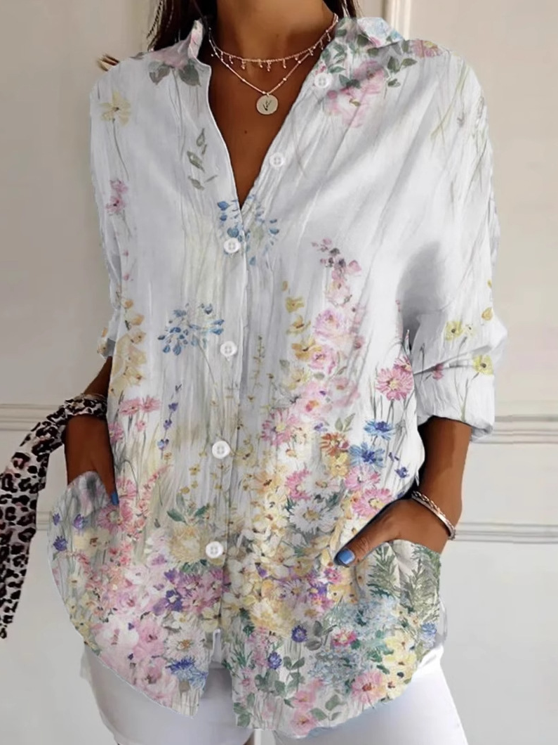 Chemises Femmes Décontracté Floral Printemps / Automne Polyester Ample Manches Longues Droit Régulier Col de Chemise