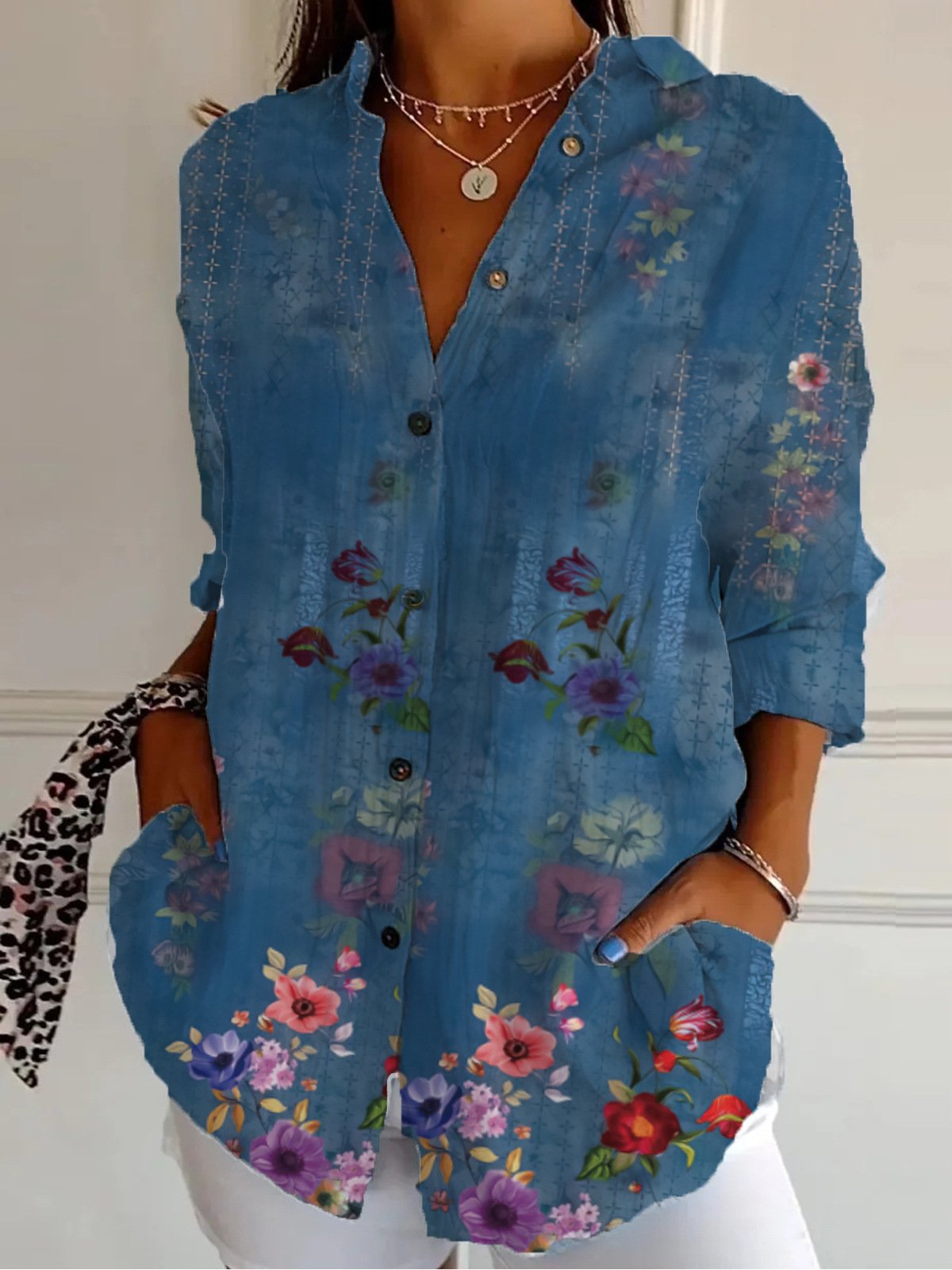 Chemises Ombre Décontracté Printemps / Automne Polyester Aucune élasticité Ample Manches Longues Régulier Col de Chemise pour Femmes