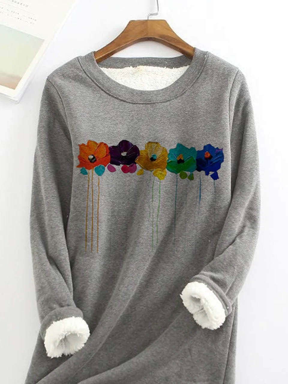 Sweat-shirts Décontracté Floral Hiver Naturel Aucune élasticité Quotidien Ample Mi-long en Toison pour Femmes