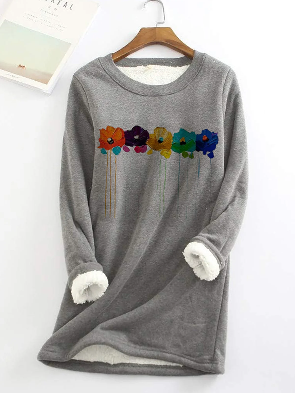 Sweat-shirts Décontracté Floral Hiver Naturel Aucune élasticité Quotidien Ample Mi-long en Toison pour Femmes