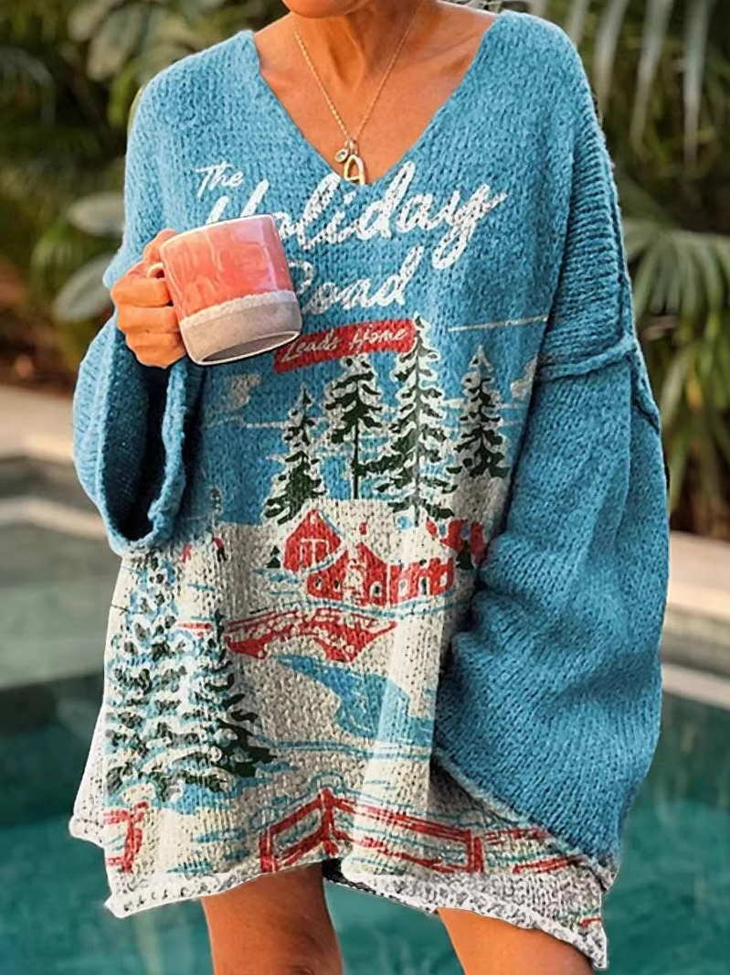 Sweat-shirts Décontracté Floral Printemps / Automne Col V Quotidien Noël Manches Longues Mi-long Régulier pour Femmes
