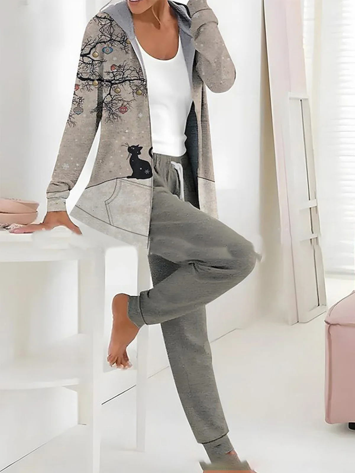 Deux Pièces Ensembles Femmes Géométrique Décontracté Printemps / Automne Sweat-shirt à Capuche Naturel Ample Jersey Manches Longues Régulier