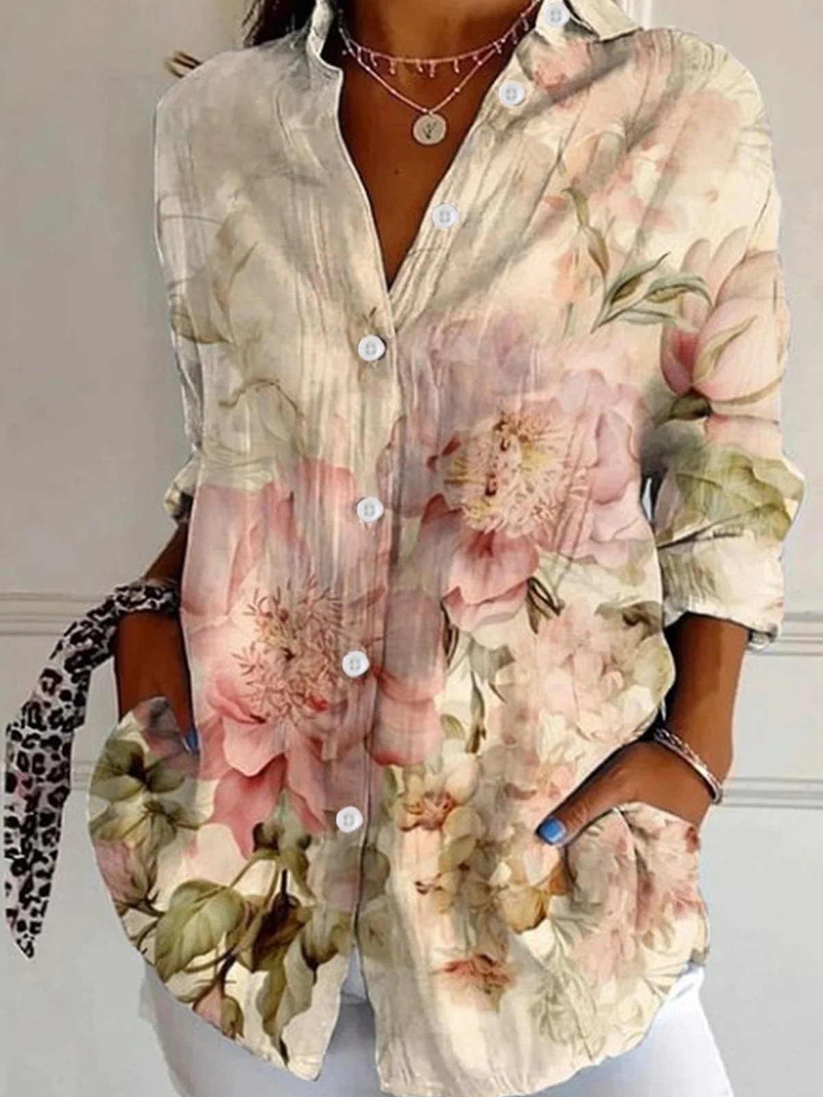 Chemises Femmes Rétro Floral Printemps / Automne Boutonné Aucune élasticité Quotidien Manches Longues Droit Col de Chemise
