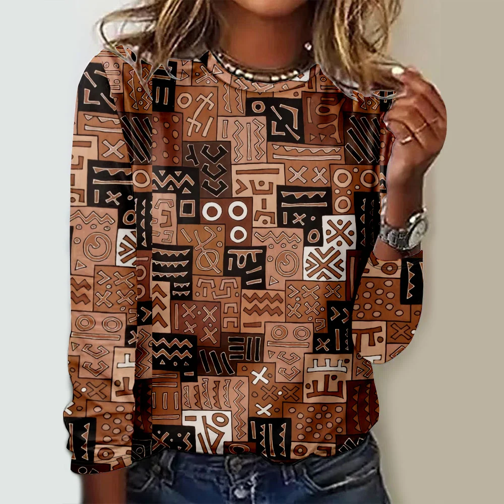 T-shirts Femmes Décontracté Ethnique Printemps / Automne Ample Jersey Manches Longues Col Rond Régulier Droit