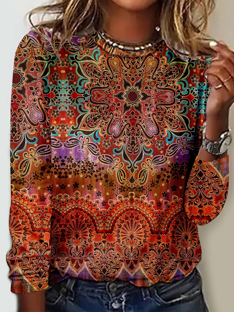 T-shirts Femmes Décontracté Ethnique Printemps / Automne Ample Jersey Manches Longues Col Rond Régulier Droit