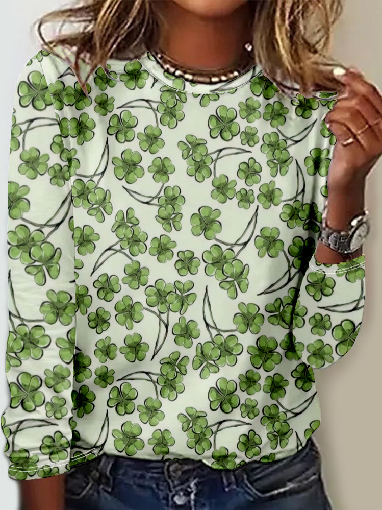 T-shirts Décontracté Printemps / Automne trèfle à quatre feuilles Micro-élasticité Quotidien Jersey Manches Longues Régulier Régulier pour Femmes