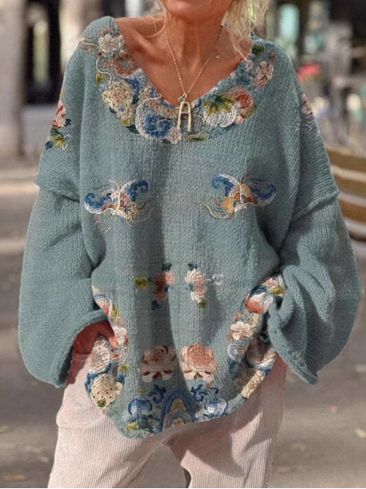 Sweat-shirts Femmes Décontracté Floral Printemps / Automne Polyester Col V Micro-élasticité Noël Manches Longues Mi-long
