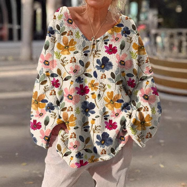 Sweat-shirts Femmes Décontracté Floral Printemps / Automne Polyester Col V Micro-élasticité Noël Manches Longues Mi-long