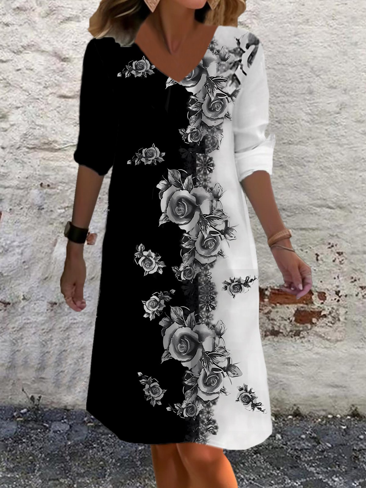 Femmes Floral Noir-Blanc Col V Confortable Robe Mi-Longue Décontracté